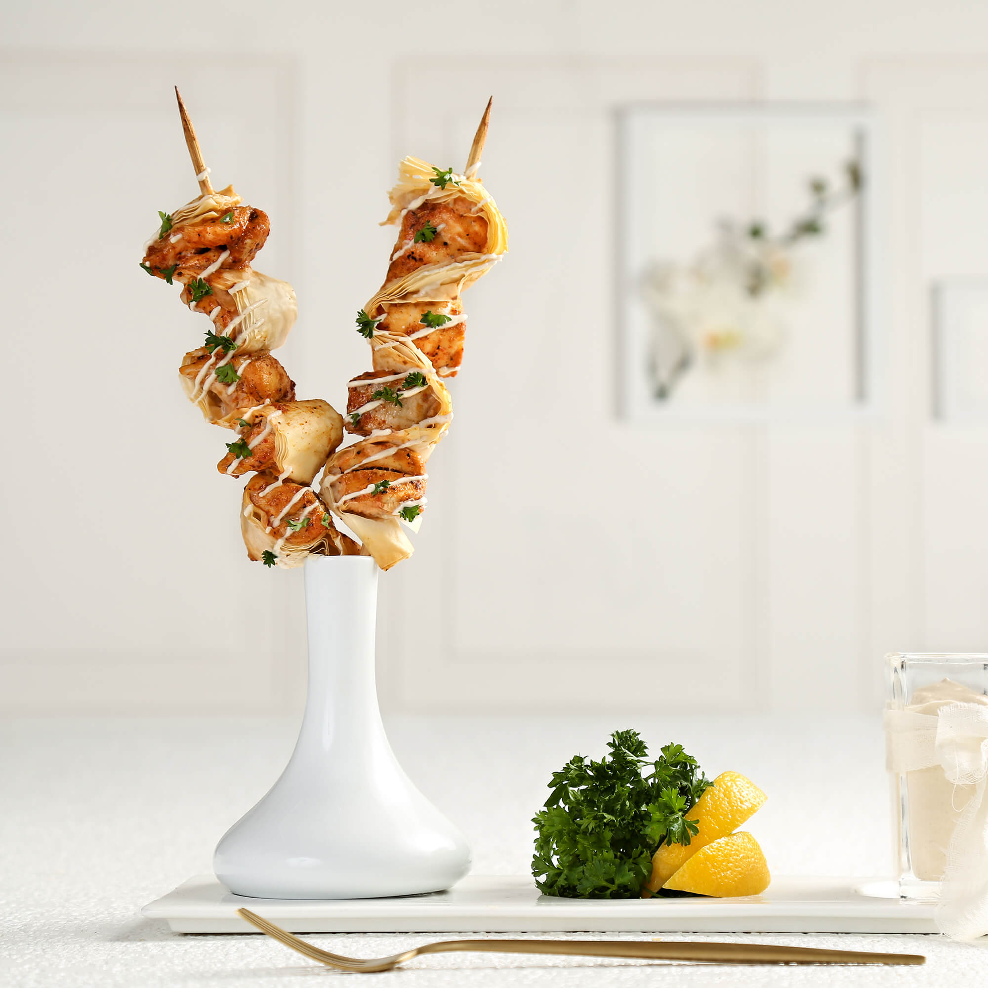 Marinated Bronzini Skewers with Tahini Drizzle